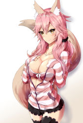 Rule 34 | 1girl, animal ear fluff, animal ears, black thighhighs, blush, bra, breasts, cleavage, closed mouth, collarbone, fate (series), fox ears, fox tail, hand on own chest, highres, jewelry, kurihara kazuake, large breasts, looking at viewer, necklace, official alternate costume, open clothes, pink bra, pink hair, simple background, smile, solo, standing, tail, tamamo (fate), tamamo no mae (fate/extra), tamamo no mae (spring casual) (fate), thighhighs, underwear, white background, yellow eyes