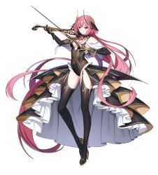 Rule 34 | absurdres, bare shoulders, black thighhighs, bow (music), breasts, bridal gauntlets, chest tattoo, counter:side, covered navel, crotch zipper, full body, garter straps, hair ornament, high heels, highres, holding, holding bow (music), holding instrument, instrument, long hair, medium breasts, official art, pink eyes, pink hair, revealing clothes, shena (counter:side), tattoo, thighhighs, transparent background, zipper