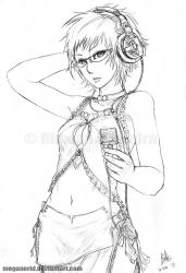 Rule 34 | 1girl, arm behind head, arm up, armpits, breasts, cellphone, choker, cleavage, cleavage cutout, clothing cutout, crop top, frills, glasses, graphite (medium), greyscale, hand on own head, headphones, meganerid, midriff, monochrome, navel, no bra, original, phone, short hair, signature, simple background, sketch, skirt, solo, standing, traditional media, very short hair, watermark