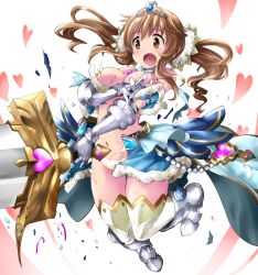 Rule 34 | 10s, 1girl, armor, blush, breasts, brown eyes, brown hair, gauntlets, granblue fantasy, heart, idolmaster, idolmaster cinderella girls, large breasts, open mouth, shirai sanjirou, solo, sword, thighhighs, torn clothes, totoki airi, twintails, weapon