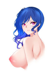 Rule 34 | 1girl, azur lane, blue hair, breasts, from side, large breasts, looking to the side, nipples, parted lips, pink eyes, side ponytail, sideboob, sidelocks, st. louis (azur lane), st. louis (luxurious wheels) (azur lane), swept bangs, toki to shishin, topless, upper body