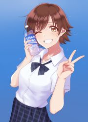 Rule 34 | absurdres, alternate costume, blue background, blue bow, blue skirt, bottle, bow, bowtie, breasts, brown eyes, brown hair, commentary, grin, highres, holding, holding bottle, honda mio, idolmaster, idolmaster cinderella girls, looking at viewer, medium breasts, mitsuya (mitsuya), one eye closed, open collar, pleated skirt, school uniform, shirt, short hair, short sleeves, skirt, smile, solo, sports drink, v, white shirt
