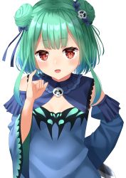 Rule 34 | 1girl, absurdres, arm behind back, blush, bow, breasts, cleavage cutout, clothing cutout, commentary request, detached sleeves, double bun, green hair, hair bow, hair bun, hair ornament, highres, hololive, knife, long sleeves, looking at viewer, open mouth, pinky swear, red eyes, simple background, skull hair ornament, small breasts, solo, starkamisan, uruha rushia, uruha rushia (1st costume), virtual youtuber, white background, wide sleeves