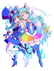Rule 34 | 1girl, animal ear fluff, blue hair, boots, braid, brown eyes, cure cosmo, full body, highres, long hair, multicolored hair, pink hair, precure, star samurai, star twinkle precure, thigh boots, thighhighs, twin braids, white thighhighs, wide-eyed
