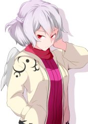 Rule 34 | 1girl, absurdres, adapted costume, bad id, bad pixiv id, bow, bowtie, contemporary, dress, hand in pocket, highres, hood, hoodie, jacket, kishin sagume, long sleeves, open clothes, purple dress, red eyes, shirt, shiver (siva-hl), short hair, silver hair, single wing, solo, touhou, wings