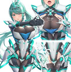 Rule 34 | 1girl, absurdres, breasts, chest jewel, covered navel, earrings, gloves, green eyes, green hair, highres, jewelry, large breasts, long hair, multiple views, nemunemu semi, one eye closed, pneuma (xenoblade), ponytail, swept bangs, tiara, tongue, tongue out, very long hair, xenoblade chronicles (series), xenoblade chronicles 2