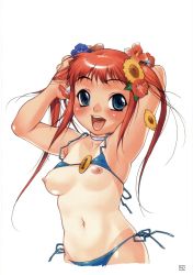 Rule 34 | 1girl, :d, armpits, arms up, bikini, bikini top lift, blue bikini, blue eyes, breasts, choker, clothes lift, flower, hair flower, hair ornament, highres, looking at viewer, navel, nipples, nishi iori, one-piece tan, open mouth, page number, red hair, side-tie bikini bottom, simple background, small breasts, smile, solo, sunflower, swimsuit, tan, tanline, twintails, urc, white background