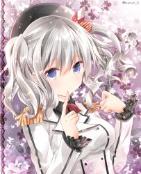 Rule 34 | 10s, 1girl, beret, black shirt, blue eyes, breasts, closed mouth, epaulettes, eyebrows, finger to mouth, floral background, frilled sleeves, frills, hair between eyes, hat, jacket, kantai collection, kashima (kancolle), kurun (kurun777), long sleeves, looking at viewer, medium breasts, o3o, purple background, shirt, silver hair, solo, twintails, twitter username, upper body, white jacket