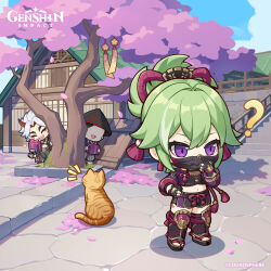 Rule 34 | 1girl, 2boys, ?, absurdres, arataki itto, black gloves, black mask, blue sky, box, building, cat, cherry blossoms, chibi, cloud, commentary, copyright name, copyright notice, day, english commentary, full body, genshin impact, gift, gift box, gloves, green hair, hair ornament, hand on own hip, highres, holding, kuki shinobu, looking to the side, multiple boys, navel, ninja, official art, outdoors, peeking out, petals, purple eyes, short shorts, shorts, sky, standing, tassel, tree, white hair