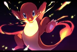 Rule 34 | arms up, black background, breath weapon, breathing fire, charmander, claws, commentary request, creatures (company), fire, flame-tipped tail, game freak, gen 1 pokemon, highres, looking at viewer, nintendo, no humans, pokemon, pokemon (creature), roncha (shumokumoku), solo