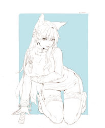 Rule 34 | 1girl, absurdres, animal ears, arm support, atago (azur lane), azur lane, bad id, bad pixiv id, blush, breast lift, breasts, character name, closed mouth, fox ears, garter straps, highres, kneeling, large breasts, long hair, looking at viewer, monochrome, smile, thighhighs, uronte