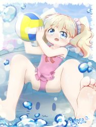 Rule 34 | 1girl, absurdres, alice cartelet, artist request, ball, barefoot, blonde hair, blue eyes, blue innertube, blue sky, blush, bow, bow one-piece swimsuit, bow swimsuit, casual one-piece swimsuit, cat innertube, child, female focus, frilled innertube, frilled one-piece swimsuit, frills, from below, full body, hair ornament, highres, holding, holding ball, innertube, kin-iro mosaic, looking at viewer, one-piece swimsuit, open mouth, outdoors, pink one-piece swimsuit, pink scrunchie, print innertube, red bow, scrunchie, signature, sitting, sky, soles, solo, splashing, swim ring, swimsuit, toes, twintails, volleyball, volleyball (object), water, water drop