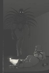 Rule 34 | 1girl, ass, bike horn, bodysuit, bracken (lethal company), dark, flashlight, floating, glowing, glowing eyes, hazmat suit, highres, indoors, lethal company, levitation, lying, on ground, on stomach, oxygen tank, tyrone, worker (lethal company)
