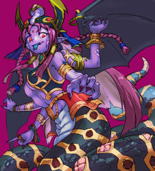 Rule 34 | 1girl, colored skin, extra arms, fusion, highres, jewelry, lamia, monster girl, multiple arms, nail polish, red eyes, reptilianne echidna, reptilianne vaskii, ring, snake, solo, tail, wings, yu-gi-oh!