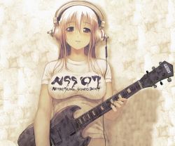 Rule 34 | 1girl, breasts, clothes, female focus, guitar, headphones, instrument, looking at viewer, nitroplus, solo, super sonico, text focus, tsuji santa, upper body