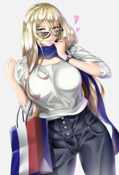 Rule 34 | 1girl, absurdres, aqua eyes, bag, blonde hair, blue scarf, breasts, brown-tinted eyewear, commentary request, cowboy shot, dutch angle, french flag, gradient background, hair between eyes, high-waist pants, highres, kantai collection, kome cola, large breasts, long hair, looking over eyewear, looking over glasses, mole, mole under eye, mole under mouth, nail polish, pants, red nails, richelieu (kancolle), scarf, shirt, shopping bag, smile, solo, sunglasses, tinted eyewear, watch, white shirt