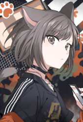 Rule 34 | 1girl, animal ears, bead necklace, beads, black choker, bob cut, bokutachi no seizon tousou (project sekai), brown eyes, brown hair, cat ears, cat girl, choker, closed mouth, holding, holding phone, jewelry, kaesmedubu, layered sleeves, long sleeves, looking at viewer, necklace, official alternate costume, paw print, phone, project sekai, shinonome ena, short hair, short over long sleeves, short sleeves, solo, upper body