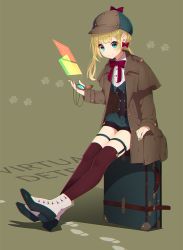 Rule 34 | 1girl, aqua eyes, blonde hair, boots, bow, bowtie, brown coat, brown hat, coat, detective, green background, green shorts, green vest, hair bow, hat, hat bow, high heel boots, high heels, holding, holding pocket watch, long sleeves, looking at viewer, mamyouda, original, paw print, paw print background, pinstripe legwear, pinstripe pattern, plaid, plaid shorts, plaid vest, pocket watch, red bow, red thighhighs, shirt, shorts, sitting, sitting on object, smile, solo, striped, suitcase, thigh strap, thighhighs, two-tone footwear, vest, watch, white shirt