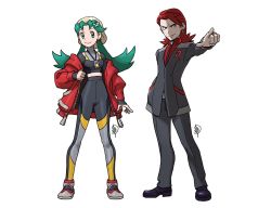 Rule 34 | 1boy, 1girl, aged up, black footwear, black jacket, black pants, black shirt, closed mouth, commentary, creatures (company), earrings, english commentary, eyelashes, formal, full body, game freak, green eyes, green hair, grey background, hat, highres, jacket, jewelry, john dimayuga, kris (pokemon), leggings, logo, long hair, nintendo, pants, parted bangs, pointing, pokemon, pokemon gsc, red hair, red shirt, shirt, shoes, silver (pokemon), simple background, smile, standing, suit, zipper