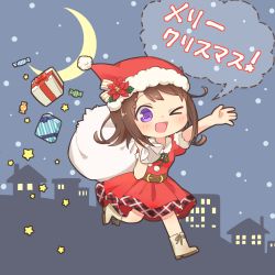 Rule 34 | &gt; o, 1girl, ;d, bang dream!, bd ayknn, belt, boots, box, brown hair, chibi, christmas, crescent moon, dress, flower, fur-trimmed sleeves, fur trim, gift, gift box, hair ornament, hat, hat ribbon, holding, holding sack, merry christmas, moon, night, one eye closed, open mouth, outstretched arm, over shoulder, poinsettia, pom pom (clothes), purple eyes, red dress, red hat, ribbon, running, sack, santa hat, short hair, short sleeves, smile, snowing, solo, star (symbol), star hair ornament, striped ribbon, toyama kasumi