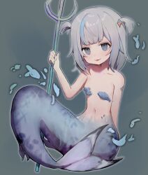 Rule 34 | 1girl, blue eyes, blue hair, blue nails, blunt bangs, breasts, fins, fish tail, gawr gura, grey hair, hair ornament, highres, holding trident, hololive, hololive english, looking at viewer, medium hair, mermaid, monster girl, monsterification, multicolored hair, nail polish, navel, shark hair ornament, sidelocks, small breasts, smile, streaked hair, szuukie, tail, tongue, tongue out, two side up, virtual youtuber