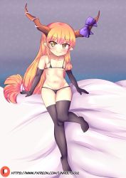 Rule 34 | 1girl, bare shoulders, bikini, black bikini, black gloves, black thighhighs, blush, bow, breasts, bright pupils, closed mouth, collarbone, commentary, elbow gloves, english commentary, full body, gloves, highres, horn bow, horn ornament, horns, ibuki suika, knees together feet apart, long hair, looking at viewer, micro bikini, navel, no shoes, on bed, oni horns, orange eyes, orange hair, patreon username, pointy ears, purple bow, sitting, small breasts, smile, solo, swimsuit, thighhighs, touhou, unholysoul, very long hair