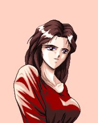 Rule 34 | 1990s (style), 1girl, 4bpp, breasts, brown hair, character request, dithering, facing viewer, game cg, interheart, long hair, lowres, medium breasts, parted bangs, pc98, pixel art, reijou monogatari, retro artstyle, simple background, solo, tagme, upper body