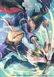 Rule 34 | 1boy, abs, attack, bare pectorals, belt, bisaiiiii, blue gloves, blue jacket, blue pants, boots, cape, clenched teeth, commentary request, copyright name, eye mask, floating clothes, gloves, hat feather, holding, holding sword, holding weapon, jacket, male focus, official art, one piece, one piece card game, orange hair, pants, pectorals, scar, scar on face, sideburns, sky, smoke, solo, sword, teeth, weapon, x drake