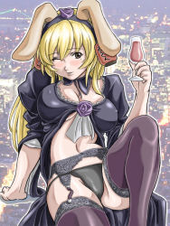 Rule 34 | 1girl, alcohol, animal ears, arm support, black dress, black panties, black thighhighs, blonde hair, blush, bow, bowtie, breasts, brown eyes, cleavage, daiginjou, dog ears, dress, futaba channel, garter belt, hair ornament, lace, large breasts, lingerie, long hair, mole, navel, one eye closed, open clothes, open dress, panties, rabbit ears, sitting, solo, thighhighs, underwear, wine, wink