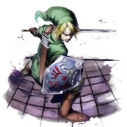 Rule 34 | 1boy, blonde hair, blue eyes, boots, from above, gloves, highres, holding, holding sword, holding weapon, hylian shield, imaoka, link, male focus, nintendo, pointy ears, shield, solo, sword, the legend of zelda, the legend of zelda: twilight princess, weapon