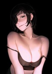 Rule 34 | 1girl, bare shoulders, black background, black eyes, black hair, black shirt, breasts, chainsaw man, cleavage, collarbone, commentary, crop top, english commentary, eyepatch, grin, head tilt, highres, himeno (chainsaw man), large breasts, limart, looking at viewer, midriff, off shoulder, one eye covered, shirt, short hair, simple background, sleeveless, sleeveless shirt, smile, solo