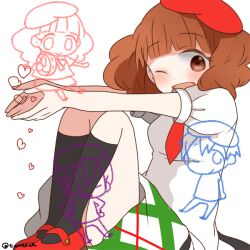 Rule 34 | 1girl, black socks, blunt bangs, brown hair, dot nose, necktie, one eye closed, open mouth, pop&#039;n music, puffy sleeves, red footwear, rie-chan, ritard, shirt, simple background, sitting, skirt, socks, solo, white background, white shirt