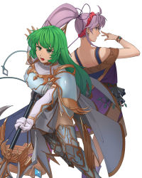 Rule 34 | 2girls, armor, asagi (banzoku210), blue eyes, breastplate, cape, dress, elbow gloves, erinys (fire emblem), fire emblem, fire emblem: genealogy of the holy war, gloves, green eyes, green hair, hair ribbon, highres, holding, holding weapon, jewelry, long hair, looking back, multiple girls, nintendo, polearm, ponytail, purple hair, ribbon, shoulder armor, simple background, spear, tailtiu (fire emblem), weapon, white armor, white background