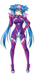 Rule 34 | 1girl, absurdres, blue eyes, blue hair, bodysuit, breasts, covered navel, finger gun, gloves, hairband, hand on own hip, highres, impossible bodysuit, impossible clothes, kamiya tomoe, klan klein, large breasts, long hair, macross, macross frontier, pilot suit, pink hairband, purple bodysuit, purple gloves, skin tight, smile, solo, standing, twintails, very long hair, white background