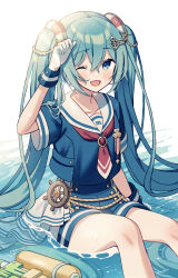 Rule 34 | 1girl, absurdres, amagi hana, anchor hair ornament, blue eyes, blue hair, blue shirt, blue shorts, commentary, funade no mae no one day trip (project sekai), gloves, hair ornament, hand up, hatsune miku, highres, innertube, innertube hair ornament, long hair, looking at viewer, more more jump! miku, necktie, one eye closed, open mouth, project sekai, red necktie, sailor collar, ship&#039;s wheel, shirt, shorts, sidelocks, sitting, smile, solo, super soaker, swim ring, very long hair, vocaloid, water, wet, wet clothes, white background, white gloves, white sailor collar, wrist cuffs