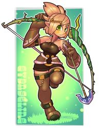 Rule 34 | 1girl, arrow (projectile), bad id, bad pixiv id, blonde hair, boots, bow (weapon), breasts, character name, cra (wakfu), detached sleeves, dress, evangelyne (wakfu), freckles, gloves, green eyes, hair ornament, hairclip, halterneck, highres, over shoulder, pointy ears, running, shioinu kemushi, short dress, short hair, solo, thigh boots, thighhighs, wakfu, weapon, weapon over shoulder, zettai ryouiki