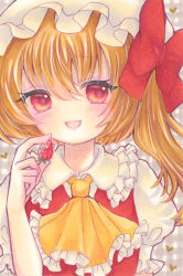 Rule 34 | 1girl, alternate hair color, ascot, berry, blush, bow, brown hair, collared shirt, commentary request, dress, eyelashes, eyes visible through hair, flandre scarlet, food, frills, fruit, grey background, hair between eyes, hair bow, hand up, hat, heart, highres, light brown hair, looking to the side, marker (medium), mob cap, one side up, open mouth, plaid, plaid background, puffy short sleeves, puffy sleeves, red bow, red dress, shirt, short sleeves, smile, solo, strawberry, touhou, traditional media, upper body, white background, white hat, white shirt, yellow ascot, yuuki hana (jtnp5334)