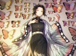 Rule 34 | belt, belt buckle, black hair, buckle, bug, butterfly, buttons, forehead, from above, hair ornament, hand on own chest, haori, image sample, insect, japanese clothes, kimetsu no yaiba, kochou shinobu, looking at viewer, lying, purple eyes, shiobana, short hair, sidelocks, solo, third-party source, twitter username, uniform, zerochan sample