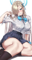 Rule 34 | 1girl, absurdres, asuna (blue archive), black choker, black socks, blonde hair, blue archive, blue bow, blue bowtie, blue eyes, blue skirt, blush, bow, bowtie, breasts, choker, commentary, feet out of frame, grin, hair over one eye, halo, highres, large breasts, long hair, looking at viewer, miniskirt, monegi, pleated skirt, shirt, short sleeves, simple background, sitting, skirt, smile, socks, solo, thighs, very long hair, white background, white shirt