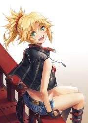 Rule 34 | 1girl, belt, black belt, black footwear, black gloves, blonde hair, blush, boots, butt crack, character cutout, commentary request, fangs, fate/grand order, fate (series), fingerless gloves, gloves, green eyes, hair ornament, hair scrunchie, happy, highres, jacket, looking at viewer, mordred (fate), mordred (fate/apocrypha), red scrunchie, red shirt, scrunchie, shirt, short shorts, shorts, simple background, sitting, sleeveless, sleeveless jacket, solo, teeth, tonee