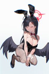 Rule 34 | 1girl, absurdres, ahoge, animal ears, black footwear, black hair, black leotard, black wings, blue archive, blush, bow, breasts, cleavage, closed eyes, closed mouth, detached collar, fake animal ears, feathered wings, fishnet pantyhose, fishnets, full body, gradient background, hair ornament, hairclip, halo, high heels, highres, ichika (blue archive), large breasts, leotard, long hair, low wings, pantyhose, playboy bunny, rabbit ears, red bow, red halo, solo, star1ynight, strapless, strapless leotard, wings, wrist cuffs