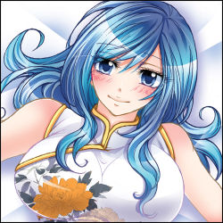 Rule 34 | 1girl, bare shoulders, blue eyes, blue hair, blush, breasts, chinese clothes, fairy tail, juvia lockser, long hair, lowres, lying, smile