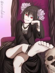 Rule 34 | 1girl, anklet, barefoot, black hair, breasts, cleavage, feet, flower, foot focus, grin, hair flower, hair ornament, head rest, highres, jewelry, long hair, looking at viewer, miracle tou, pov, rance (series), rance ix, red eyes, sitting, skull, smile, soles, throne, toes