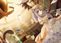Rule 34 | 1girl, adapted costume, alternate costume, book, book stack, bookshelf, capelet, crystal, dress, dutch angle, far eastern funion, feathers, female focus, gears, hat, highres, library, long hair, patchouli knowledge, purple eyes, quill, solo, sunlight, test tube, touhou, very long hair, voile, wind