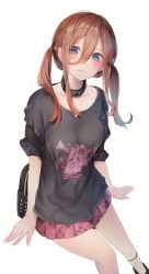 Rule 34 | 1girl, absurdres, alternate hairstyle, bag, black choker, black shirt, blue eyes, blush, breasts, brown hair, choker, closed mouth, collarbone, commentary, go-toubun no hanayome, hair between eyes, highres, long hair, looking at viewer, low twintails, nakano miku, plaid, plaid skirt, red skirt, shirt, short sleeves, sidelocks, simple background, skirt, solo, thighs, twintails, white background, yuunamida uyu