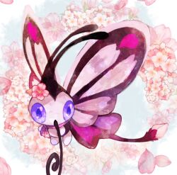 animal_focus antennae beautifly blue_eyes blue_sclera bow bowtie bug butterfly butterfly_wings colored_sclera creatures_(company) falling_petals flower game_freak gen_3_pokemon insect insect_wings looking_at_viewer nintendo no_humans no_mouth petals pink_bow pink_bowtie pink_flower pokemon pokemon_(creature) sukinadake wings