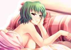 Rule 34 | 1girl, afterglow, bed, bed sheet, blush, breasts, eyelashes, female focus, green hair, kazami yuuka, kinntarou, large breasts, looking at viewer, lying, naked sheet, nude, on stomach, red eyes, short hair, smile, solo, touhou