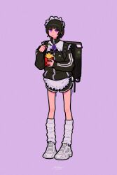 Rule 34 | 1girl, apron, backpack, bag, black bag, black jacket, black shorts, blunt bangs, eating, food, french fries, frilled apron, frills, full body, highres, jacket, jersey maid, looking at viewer, maid, maid headdress, miyoshi yoshimi, original, purple background, purple eyes, purple ribbon, ribbon, shoes, short hair, shorts, signature, simple background, socks, solo, standing, unconventional maid, white apron, white footwear, white socks