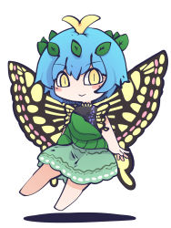Rule 34 | 1girl, antennae, aqua hair, barefoot, blush stickers, butterfly wings, chahan (fried rice0614), closed mouth, dress, eternity larva, fairy, full body, green dress, hair between eyes, highres, insect wings, leaf, leaf on head, multicolored clothes, multicolored dress, one-hour drawing challenge, short hair, short sleeves, simple background, smile, solo, touhou, white background, wings, yellow eyes