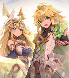 Rule 34 | 1boy, 1girl, absurdres, anniversary, armor, bare shoulders, black gloves, blonde hair, blue eyes, breasts, brother and sister, cleavage, cowlick, dragalia lost, euden, fingerless gloves, gloves, gonzarez, green eyes, hair between eyes, highres, large breasts, long hair, looking at viewer, official alternate costume, open mouth, outstretched hand, reaching, reaching towards viewer, siblings, smile, twins, very long hair, zethia